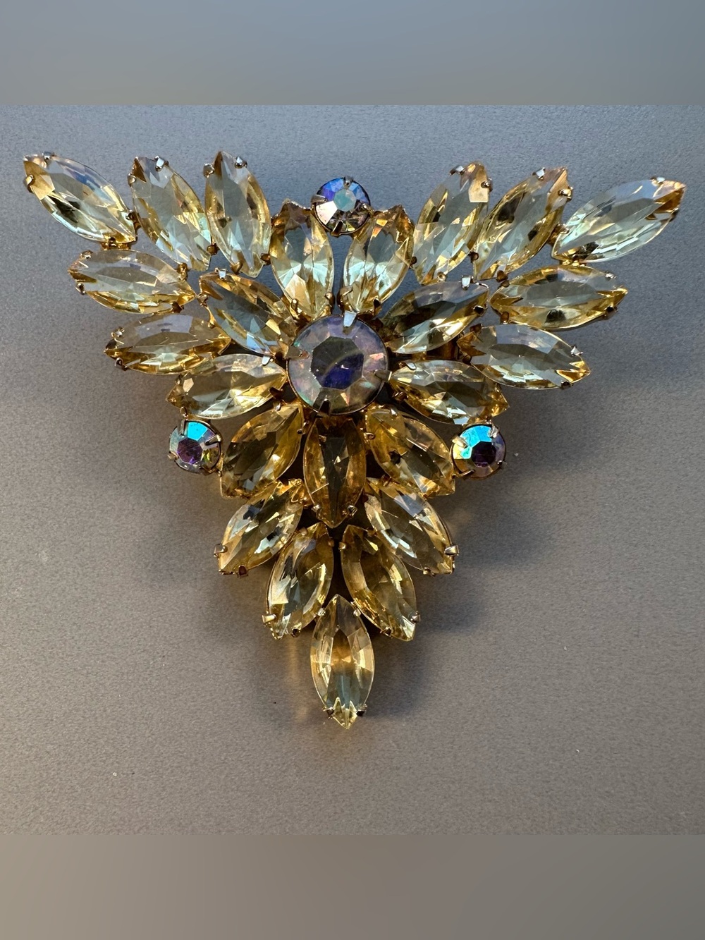 Vintage Gold-Tone Aurora Borealis Marquise Crystal Brooch